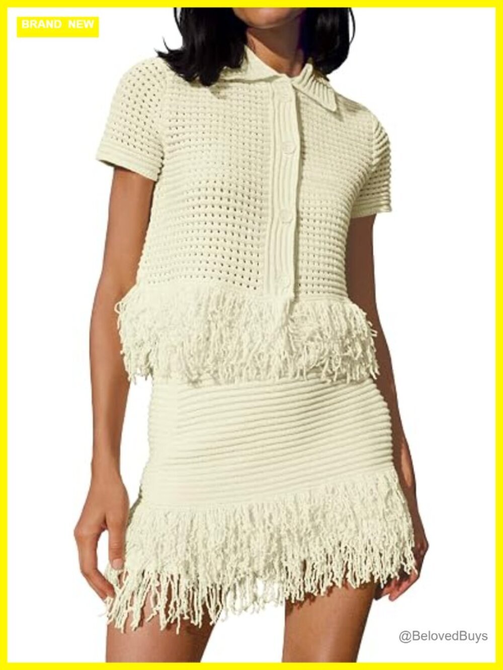 Crochet Short Sleeve Button Knit Sweater and Fringe Skirt Set
